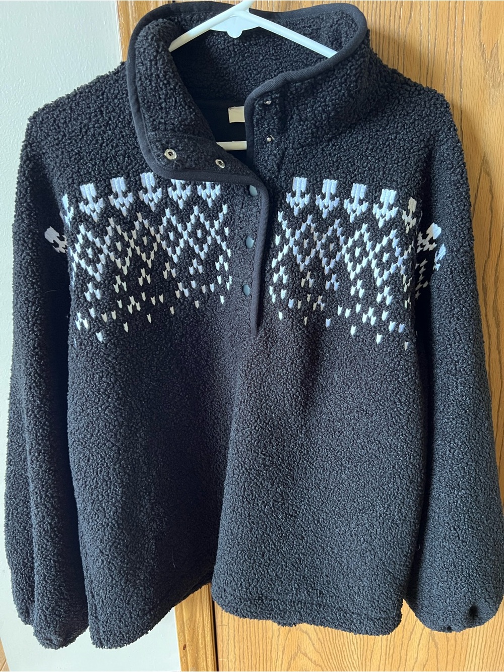 Cozy Sherpa Fair Isle Snap Collar Black Pullover  - NWOT
